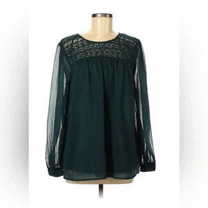 HM Dark Green‎ Lace Yoke Long Sleeve Sheer Blouse Top Size 8